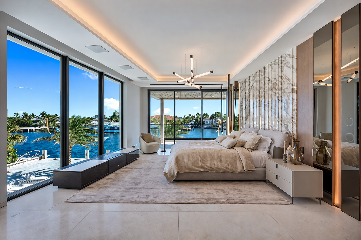 Bedroom suite with floor-to-ceiling glass facing the intracoastal waterway